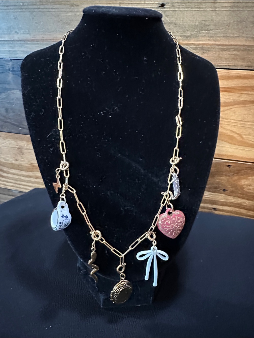 Plunder Gold-Tone Charm Necklace with Pink Heart and Blue Bow